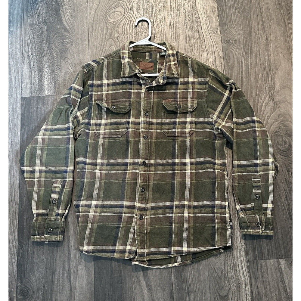 Orvis Heavy Green Brown Plaid Flannel Shirt Jacket Men Sz L Fisherman Warm READ